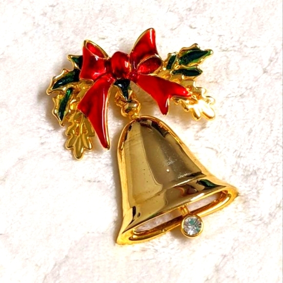 Vintage 1980's Goldtone Holiday Bell with Red Ribbon Brooche - Picture 5 of 8
